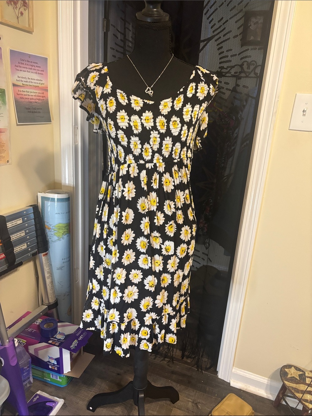Black Daisy Print Smocked Square-Neck Dress
